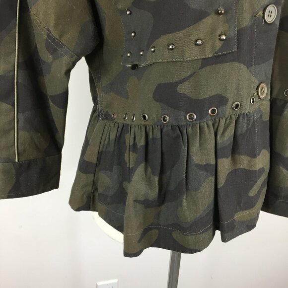 JOIE Green Mix Camo Print SAMIA Dolman Sleeve Studded Ruffle Peplum Hem Jacket - Picture 10 of 13